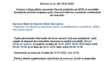 Anunt posturi vacante Aquacaraș 27.01.2022