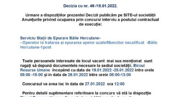 Anunt posturi vacante Aquacaraș 27.01.2022