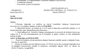 Dispoziție de convocare a Consiliului Judeţean Caraş-Severin în şedinţă ordinară.