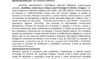 Comunicat de presă proiect reabilitare liceu Teregova