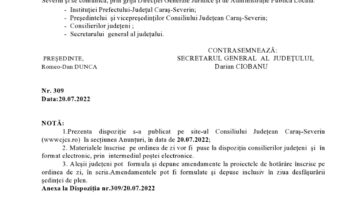 Dispoziție de convocare a Consiliului Judeţean Caraş-Severin în şedinţă ordinară pentru data de 26 iulie 2022
