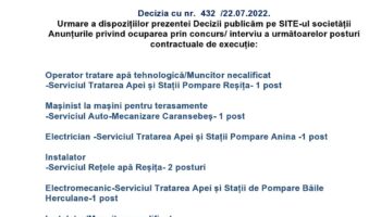 Anunț posturi vacante Aquacaraș