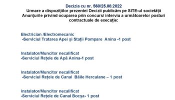 Posturi vacante Aquacaraș SA