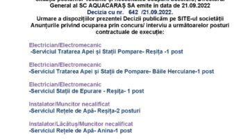 Anunț posturi vacante Aquacaraș