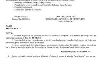 Dispoziție de convocare a Consiliului Judeţean Caraş-Severin