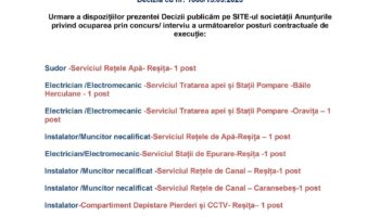 Anunț Publicare Posturi Vacante Aquacaraș