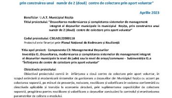 Demarare proiect: ”Dezvoltarea modernizarea și completarea sistemelor  de management  integrat al deșeurilor municipale în municipiul  Reșița”