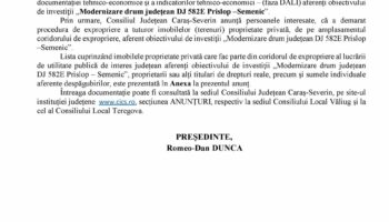 Exproprieri pentru proiectul „Modernizare drum județean DJ 582E Prislop –Semenic”.