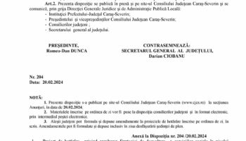 Convocare a Consiliului Judeţean Caraş-Severin pentru data de 26 februarie 2024
