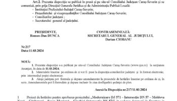 Convocare a Consiliului Judeţean Caraş-Severin pentru data de 15 martie 2024