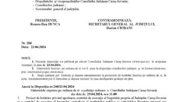 Convocare a Consiliului Judeţean Caraş-Severin  în şedinţă ordinară pentru data de 29 aprilie 2024
