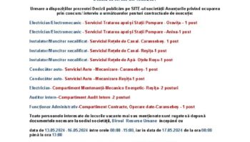 Anunț Posturi Vacante Aquacaraș