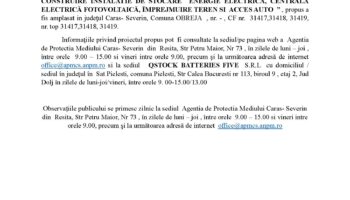 Depunerea solicitarii de emitere a  etapei de evaluare initiala – QSTOCK BATTERIES FIVE S.R.L