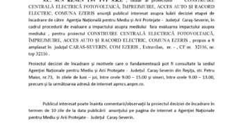Anunţ public privind decizia etapei de încadrare – Ezeriș 2