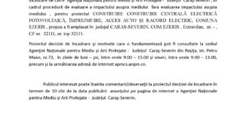 Anunţ public privind decizia etapei de încadrare – Ezeriș 3