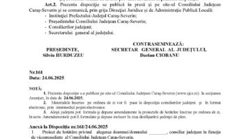 Convocare a Consiliului Judeţean Caraş-Severin pentru data de 30.06.2025
