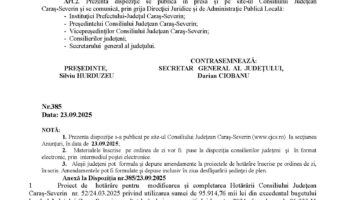 Convocare a Consiliului Judeţean Caraş-Severin în şedinţă ordinară pentru data de 29.09.2025