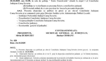 Convocare a Consiliului Judeţean Caraş-Severin în şedinţă ordinară pentru data de 30.10.2025