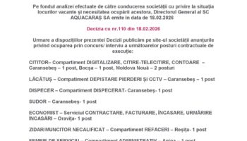 Posturi Vacante-Concurs/interviu în data de 25.02.2026 de la ora 10:00 – Aquacaraș