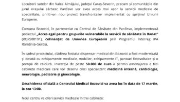 Acces egal la servicii medicale specializate de sănătate pentru populația din Valea Almăjului!