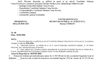 Convocarea Consiliului Judeţean Caraş-Severin pentru data de 31.03.2026