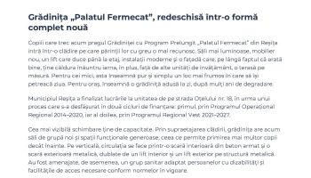 Finalizare proiect Modernizarea Grădiniței cu Program Prelungit “Palatul Fermecat” Reșița