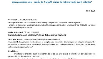 Finalizare proiect: ”Dezvoltarea modernizarea și completarea sistemelor  de management  integrat al deșeurilor municipale în municipiul  Reșița’