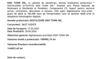 Finalizare proiect ”Digitalizare activitate Kids Town SRL”