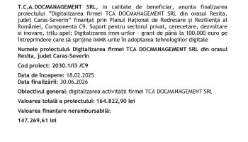 Finalizare proiect ”Digitalizarea firmei TCA Docmanagement SRL