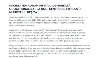 Implementarea proiectului “Operaționalizarea centrului fitness Aurum Fit”