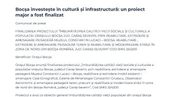 Finalizare proiect „Îmbunătățirea calității vieții sociale și culturale a populației orașului Bocșa”