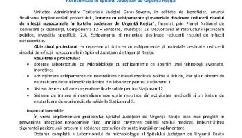 Finalizare proiect „Dotarea cu echipamente și materiale destinate reducerii riscului de infecții nosocomiale în Spitalul Județean de Urgență Reșița”