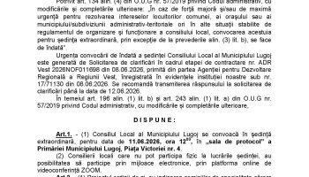 Convocare a Consiliului Local al Municipiului Lugoj, pentru data de 11.06.2026