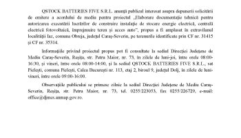 Depunerea solicitării de emitere a acordului de mediu – Qstock Batteries Five S.R.L