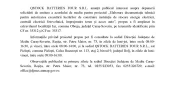 Qstock Batteries Four S.R.L – depunerea solicitării de emitere a acordului de mediu
